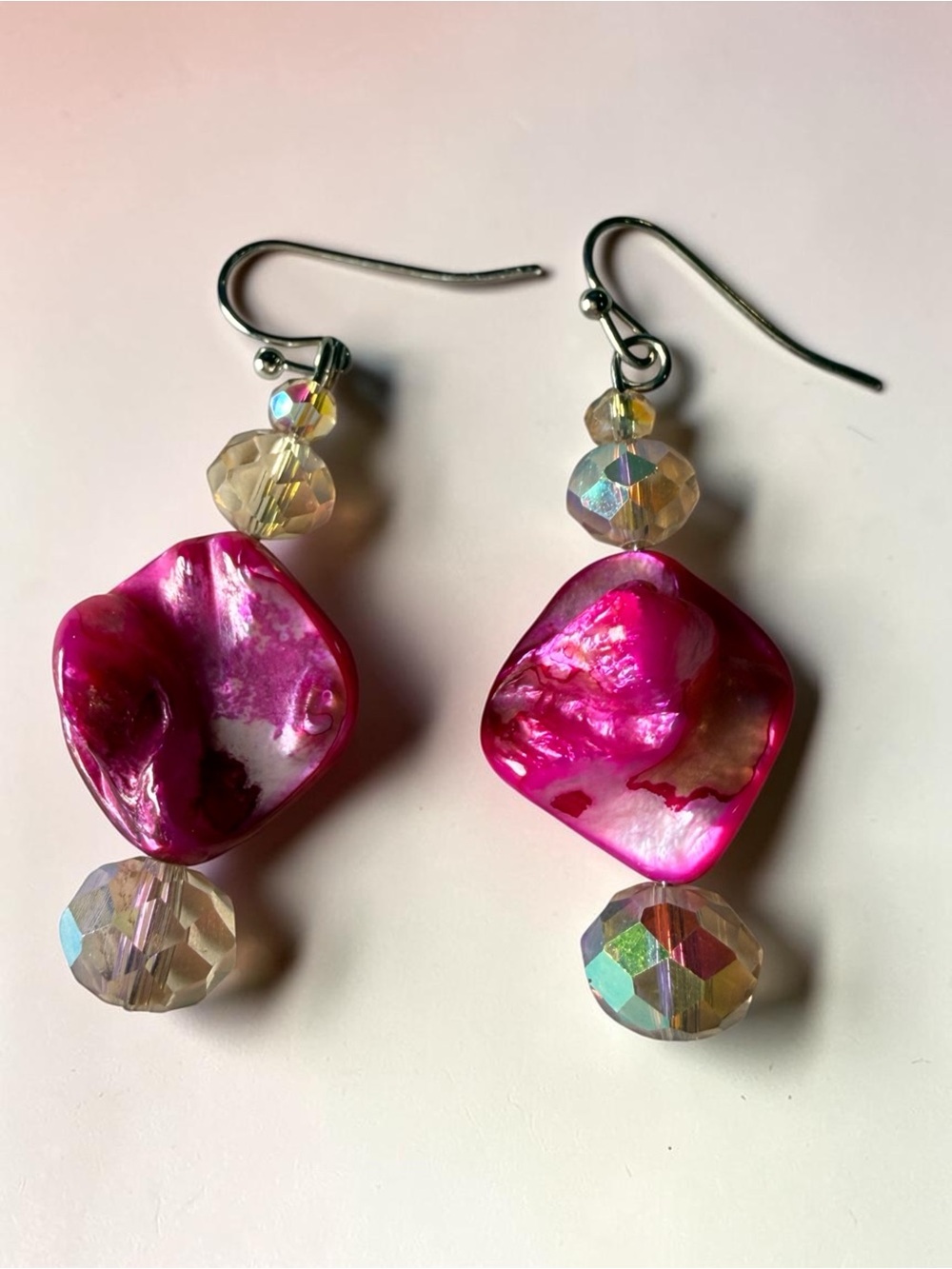 Handmade Fuchsia Mother of Pearl Wave Dangle Earrings Iridescent Crystal Mermaid